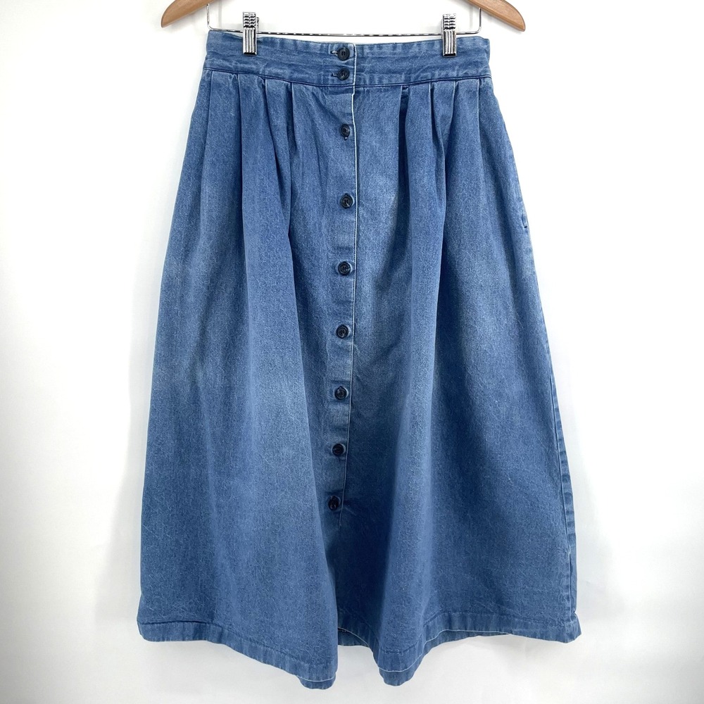 Vtg Pleated Denim Midi Skirt Button Front High Waist Pockets 28"W Safari Western